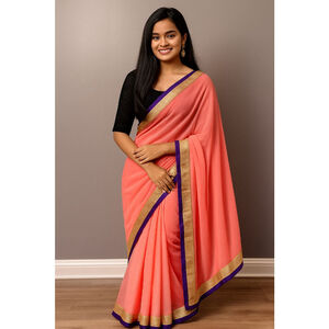 Camellia Saree – Pink with Purple & Gold Border | Soft Chiffon | Elegant Festive
